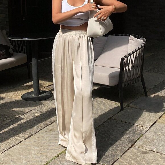 Pants - Apricot Chic Women's Contrast Lace Elastic Waist Wide Leg Pants